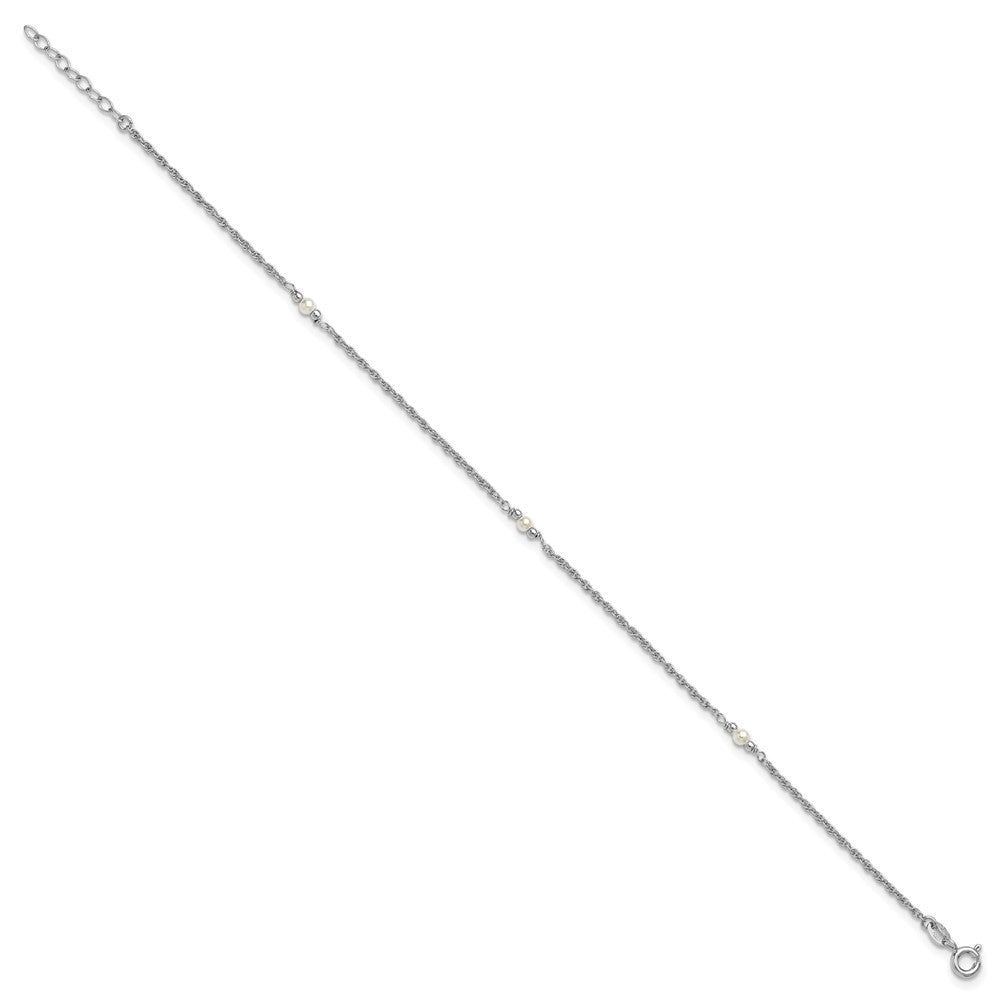 Sterling Silver Rh-Plat Polish Fwc Pearl Station 9in Plus 1in Ext. Anklet