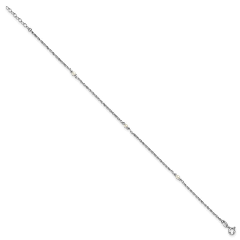 Sterling Silver Rh-Plat Polish Fwc Pearl Station 9in Plus 1in Ext. Anklet