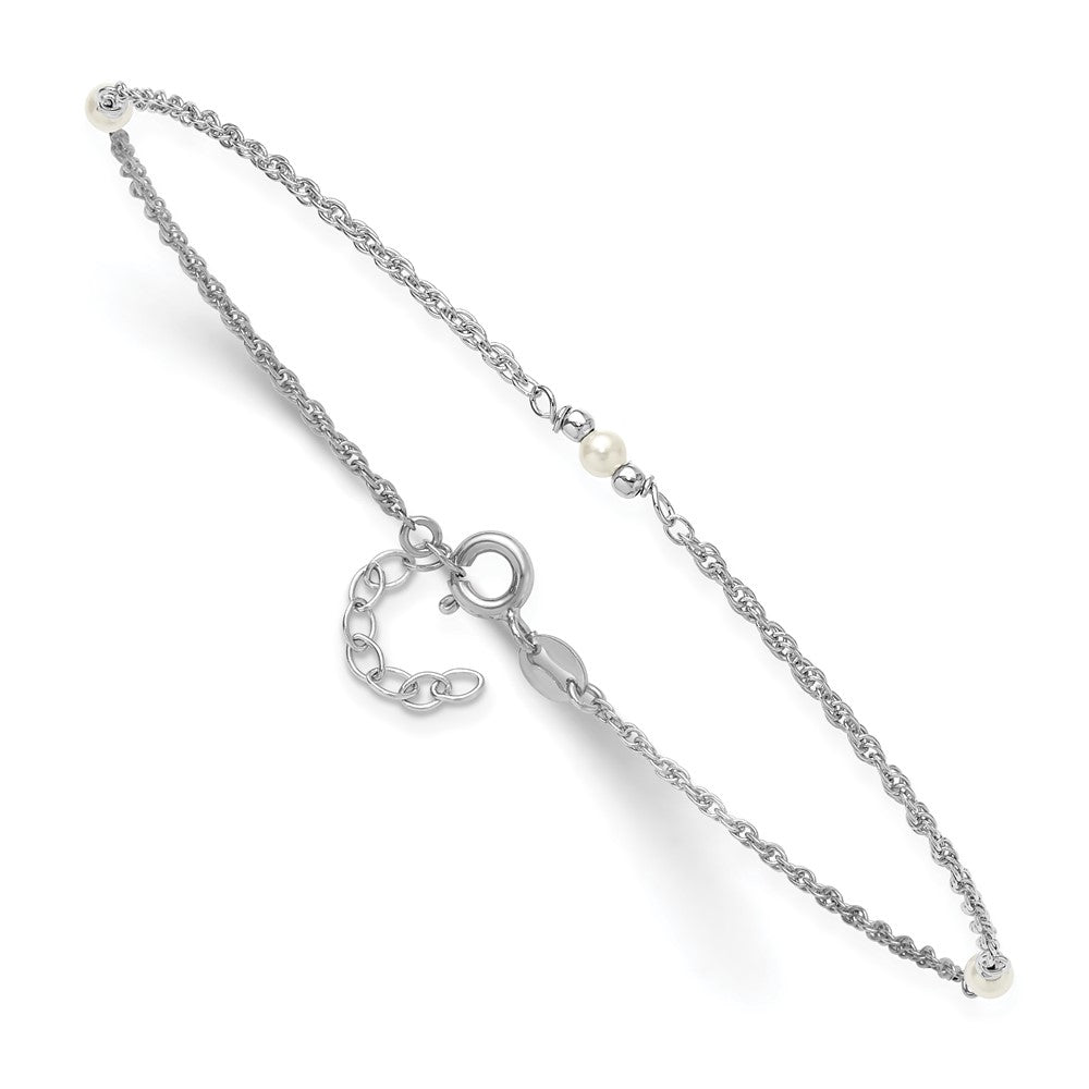 Sterling Silver Rh-Plat Polish Fwc Pearl Station 9in Plus 1in Ext. Anklet