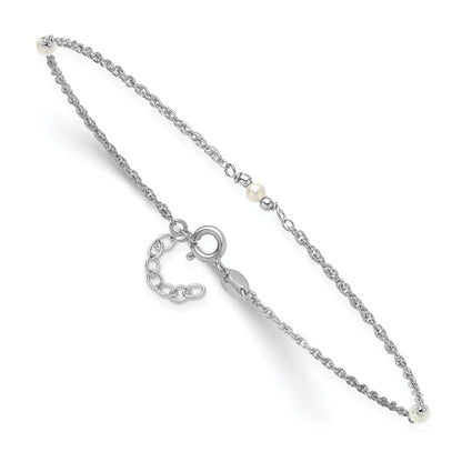 Sterling Silver Rh-Plat Polish Fwc Pearl Station 9in Plus 1in Ext. Anklet