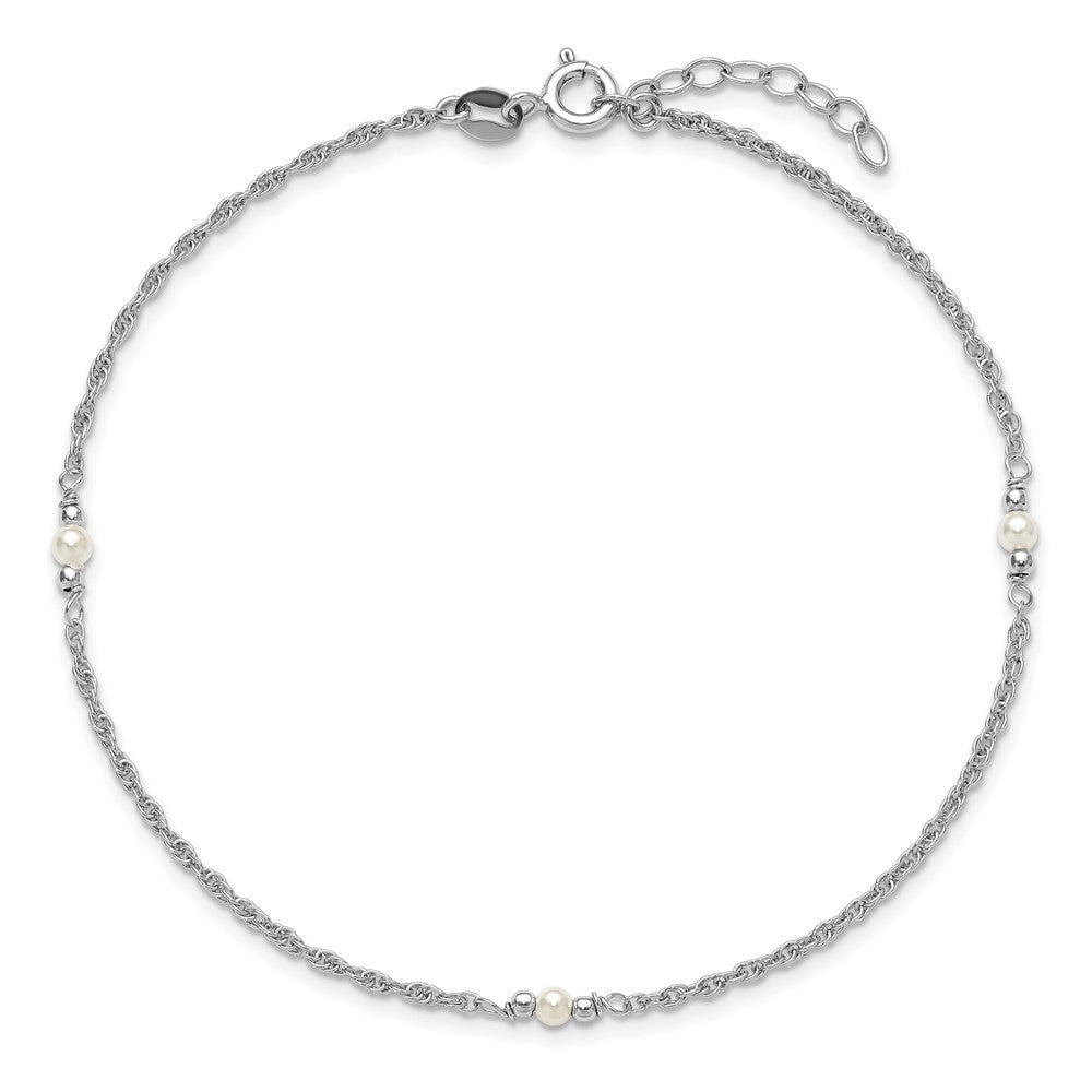 Sterling Silver Rh-Plat Polish Fwc Pearl Station 9in Plus 1in Ext. Anklet