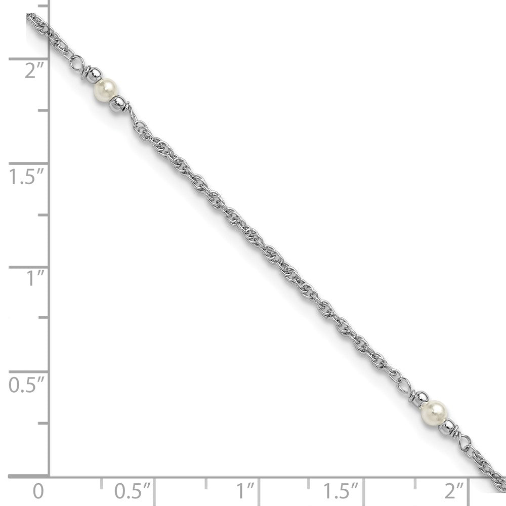 Sterling Silver Rh-Plat Polish Fwc Pearl Station 9in Plus 1in Ext. Anklet