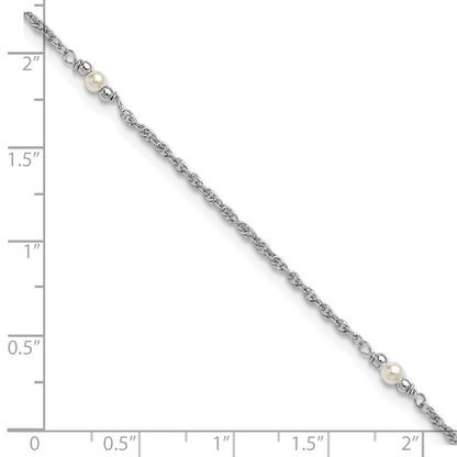 Sterling Silver Rh-Plat Polish Fwc Pearl Station 9in Plus 1in Ext. Anklet