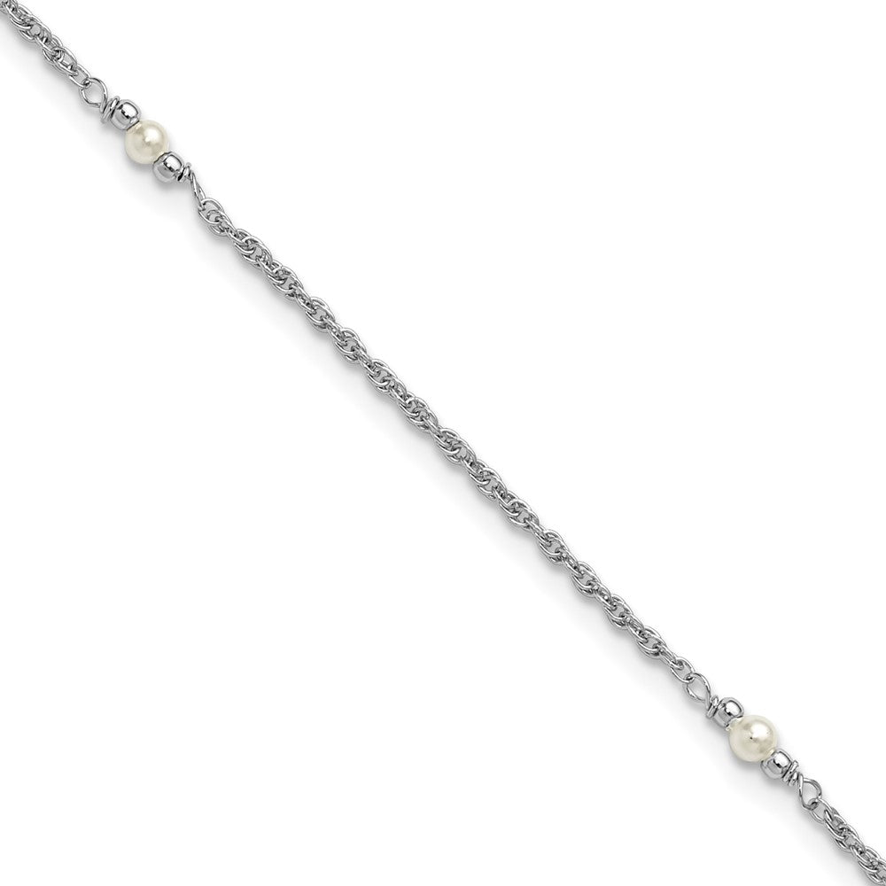 Sterling Silver Rh-Plat Polish Fwc Pearl Station 9in Plus 1in Ext. Anklet