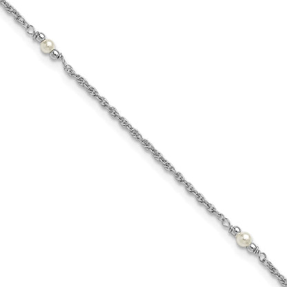 Sterling Silver Rh-Plat Polish Fwc Pearl Station 9in Plus 1in Ext. Anklet