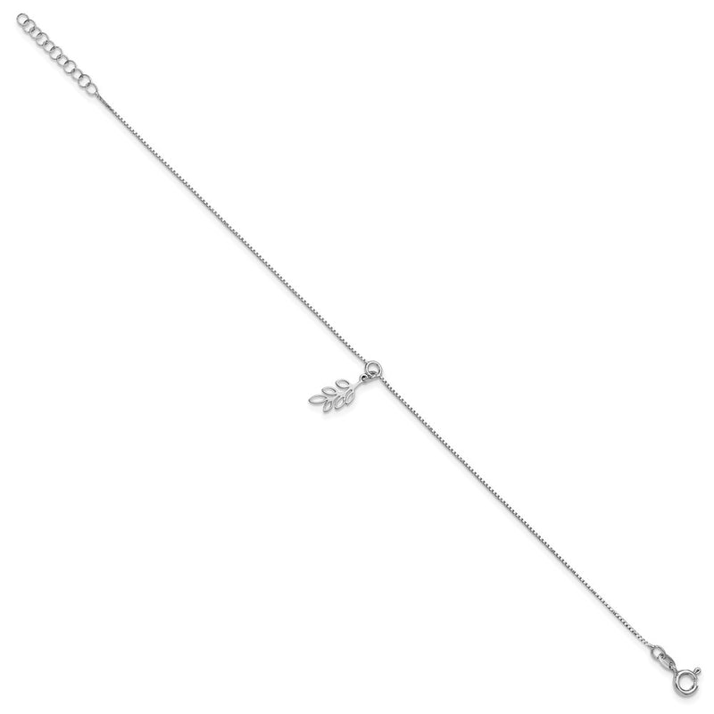Sterling Silver Rhodium Plated Polished Dangle Leaf 9in Plus 1in Ext. Anklet
