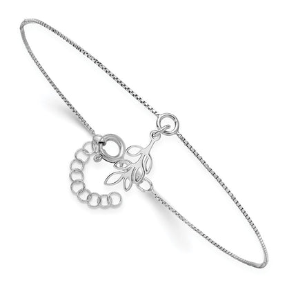 Sterling Silver Rhodium Plated Polished Dangle Leaf 9in Plus 1in Ext. Anklet