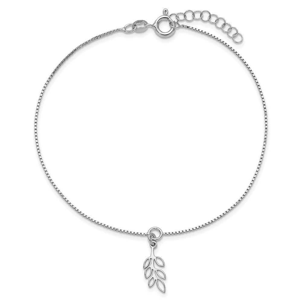 Sterling Silver Rhodium Plated Polished Dangle Leaf 9in Plus 1in Ext. Anklet