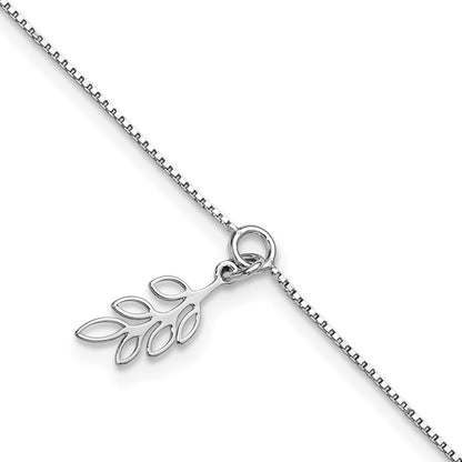 Sterling Silver Rhodium Plated Polished Dangle Leaf 9in Plus 1in Ext. Anklet