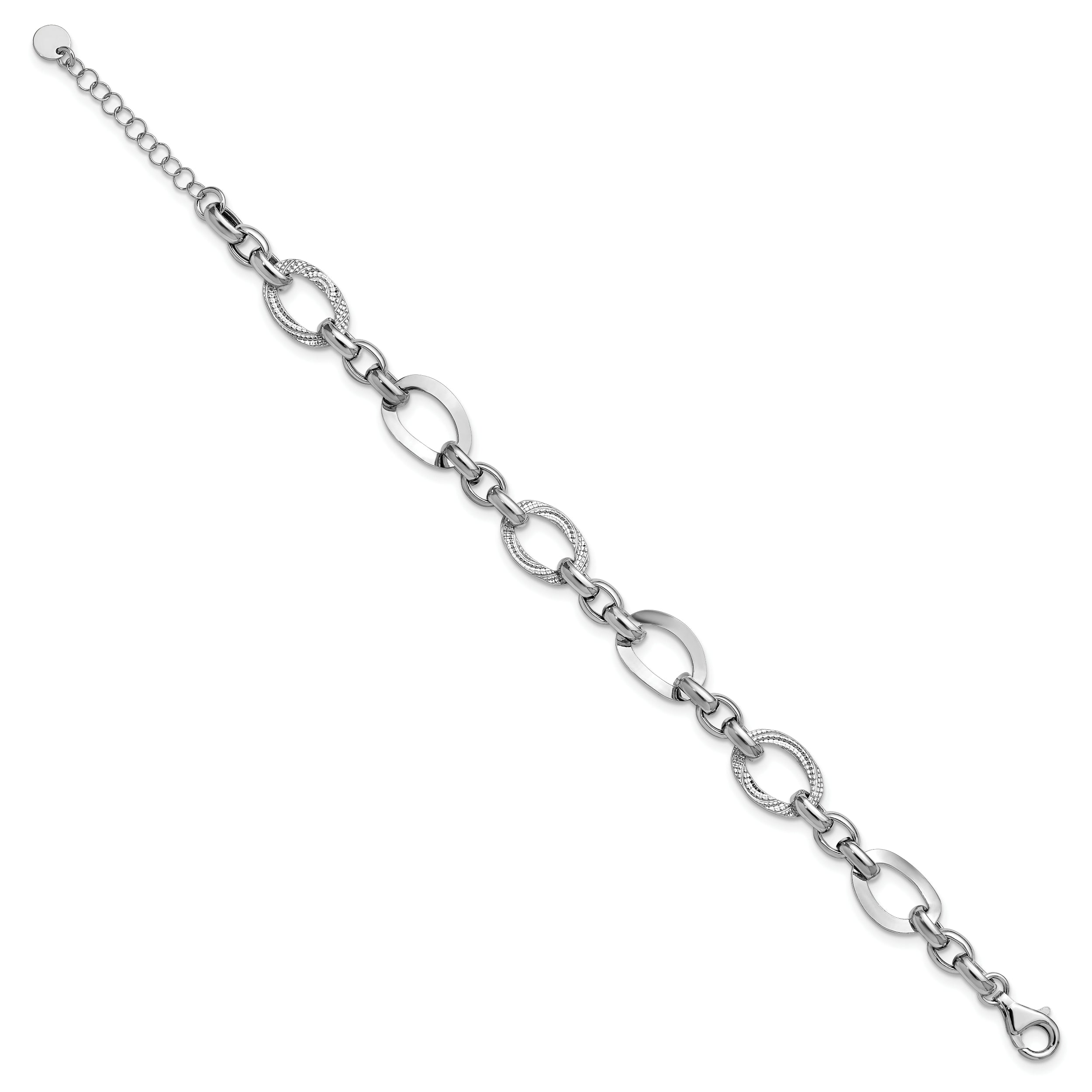 Sterling Silver Ss Rh Plat Polish/Textured Fancy Link 1.25In Ext. Bracelet