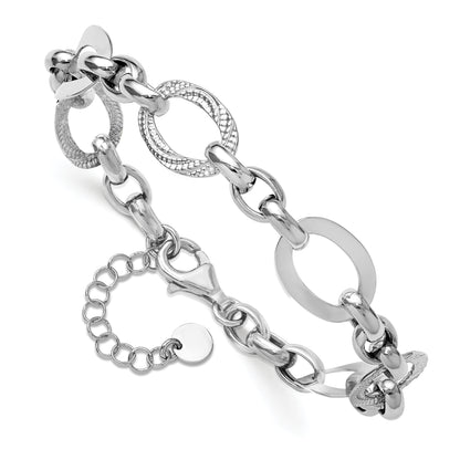 Sterling Silver Ss Rh Plat Polish/Textured Fancy Link 1.25In Ext. Bracelet