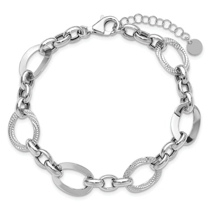 Sterling Silver Ss Rh Plat Polish/Textured Fancy Link 1.25In Ext. Bracelet