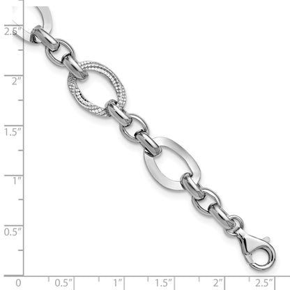 Sterling Silver Ss Rh Plat Polish/Textured Fancy Link 1.25In Ext. Bracelet