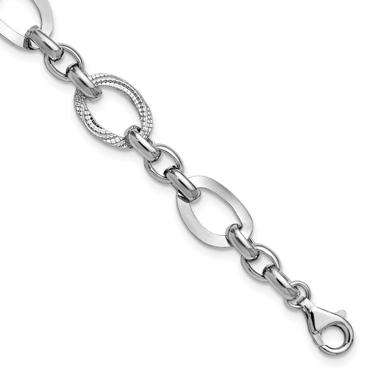 Sterling Silver Ss Rh Plat Polish/Textured Fancy Link 1.25In Ext. Bracelet