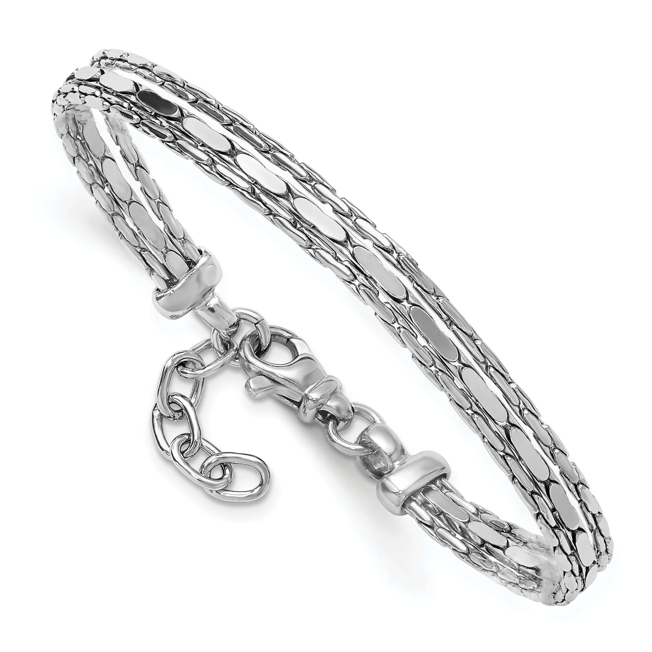 Sterling Silver Ss Rh Plated Polished 3 Strand Fancy 1In Ext. Bracelet