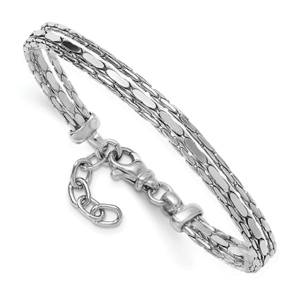 Sterling Silver Ss Rh Plated Polished 3 Strand Fancy 1In Ext. Bracelet