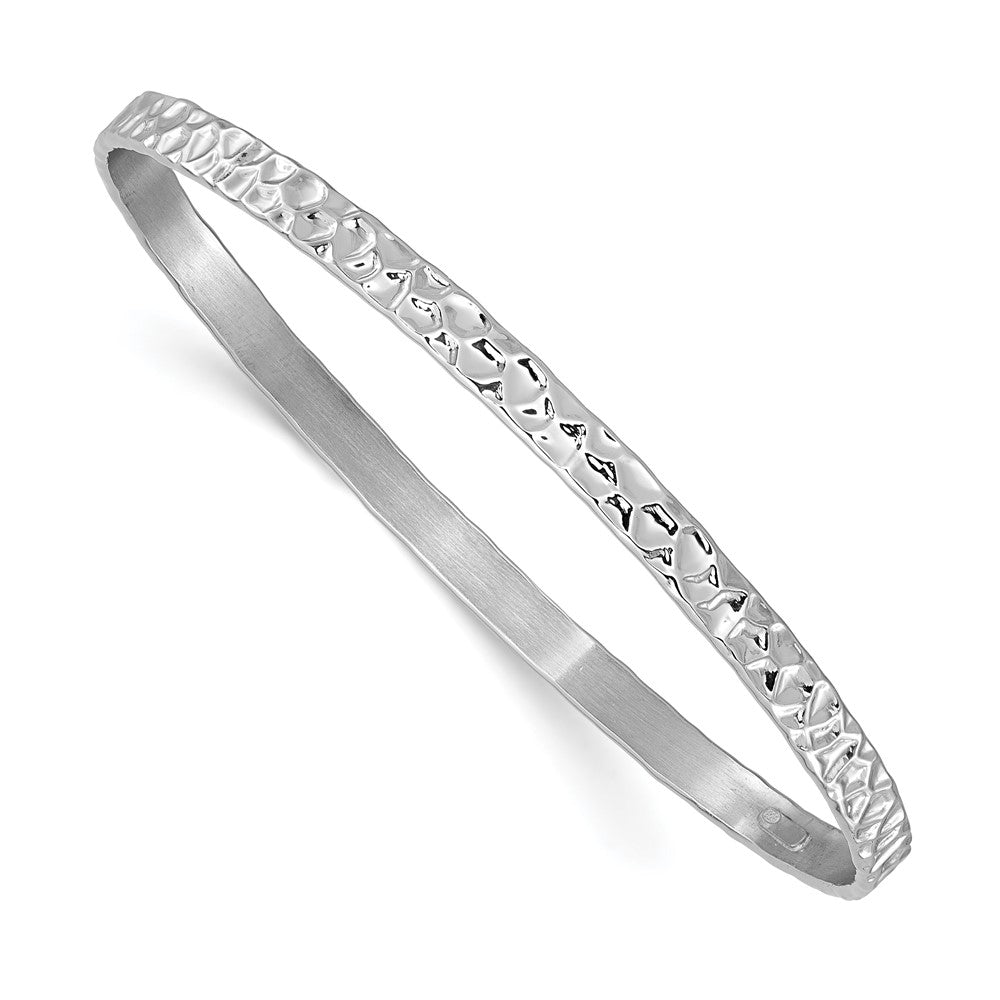 Sterling Silver Rh Plated Polished/Hammered Slip On Bangle