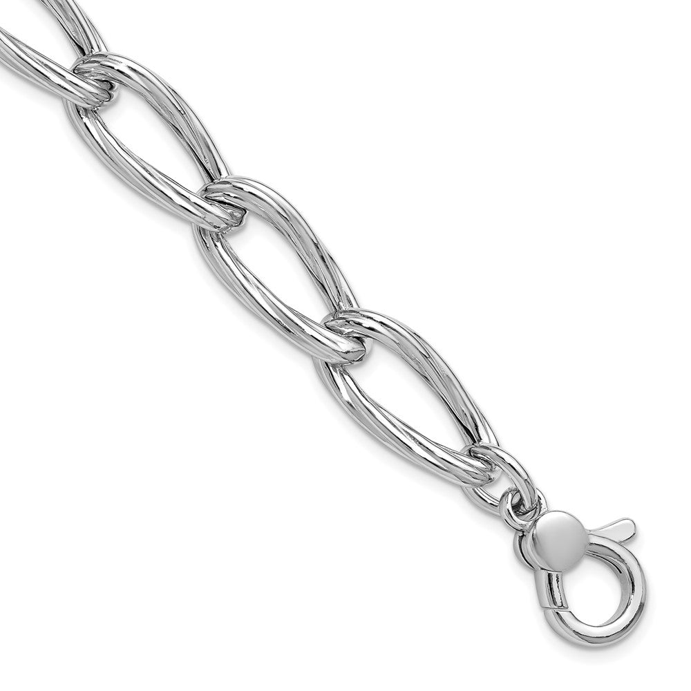 Sterling Silver Ss Rh Plated Polished/Grooved Link W/.75In Ext. Bracelet