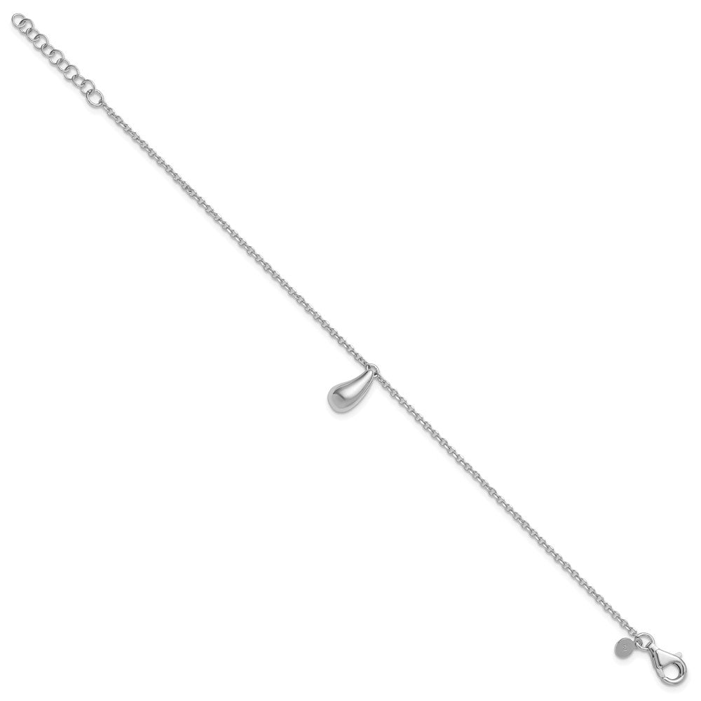 Sterling Silver Rh Plat Polished Dangle Bead 1In Ext. Bracelet