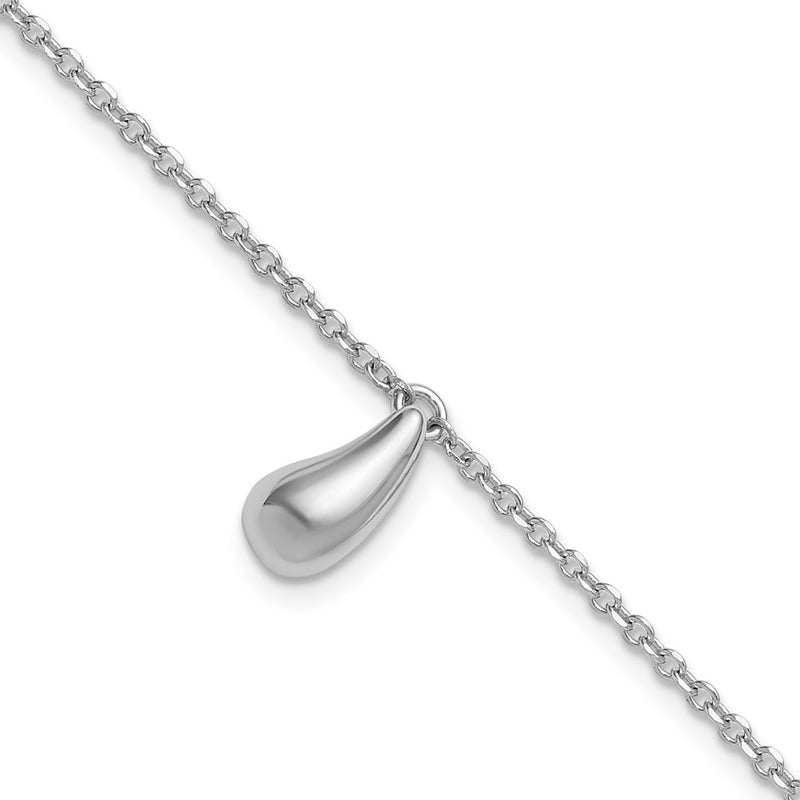 Sterling Silver Rh Plat Polished Dangle Bead 1In Ext. Bracelet