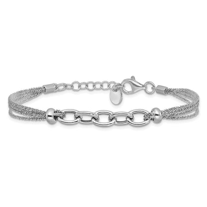 Sterling Silver Ss Rh Plated Polished Multi Strand Link W/ 1In Ext. Bracelet