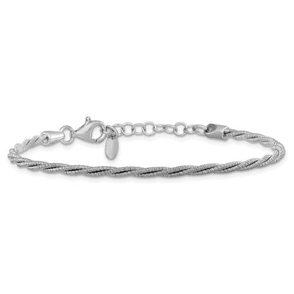 Sterling Silver Ss Rh Plated Twisted Wire Wrapped W/ 1In Ext. Bracelet