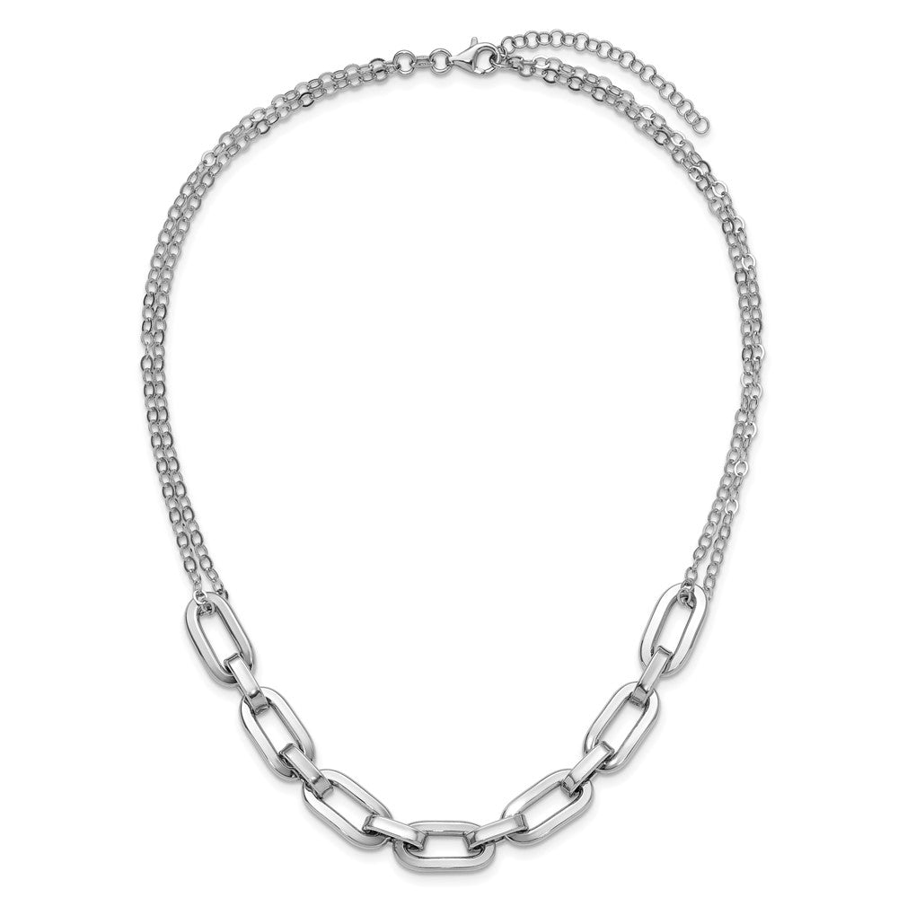 Sterling Silver Ss Rh Plated 2 Strand Fancy Link W/ 2In Ext Necklace