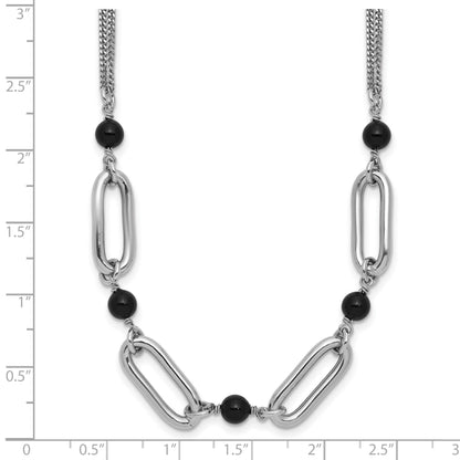 Sterling Silver Ss Rh Pltd Black Glass Pearl 2 Strand Link 2In Ext Necklace