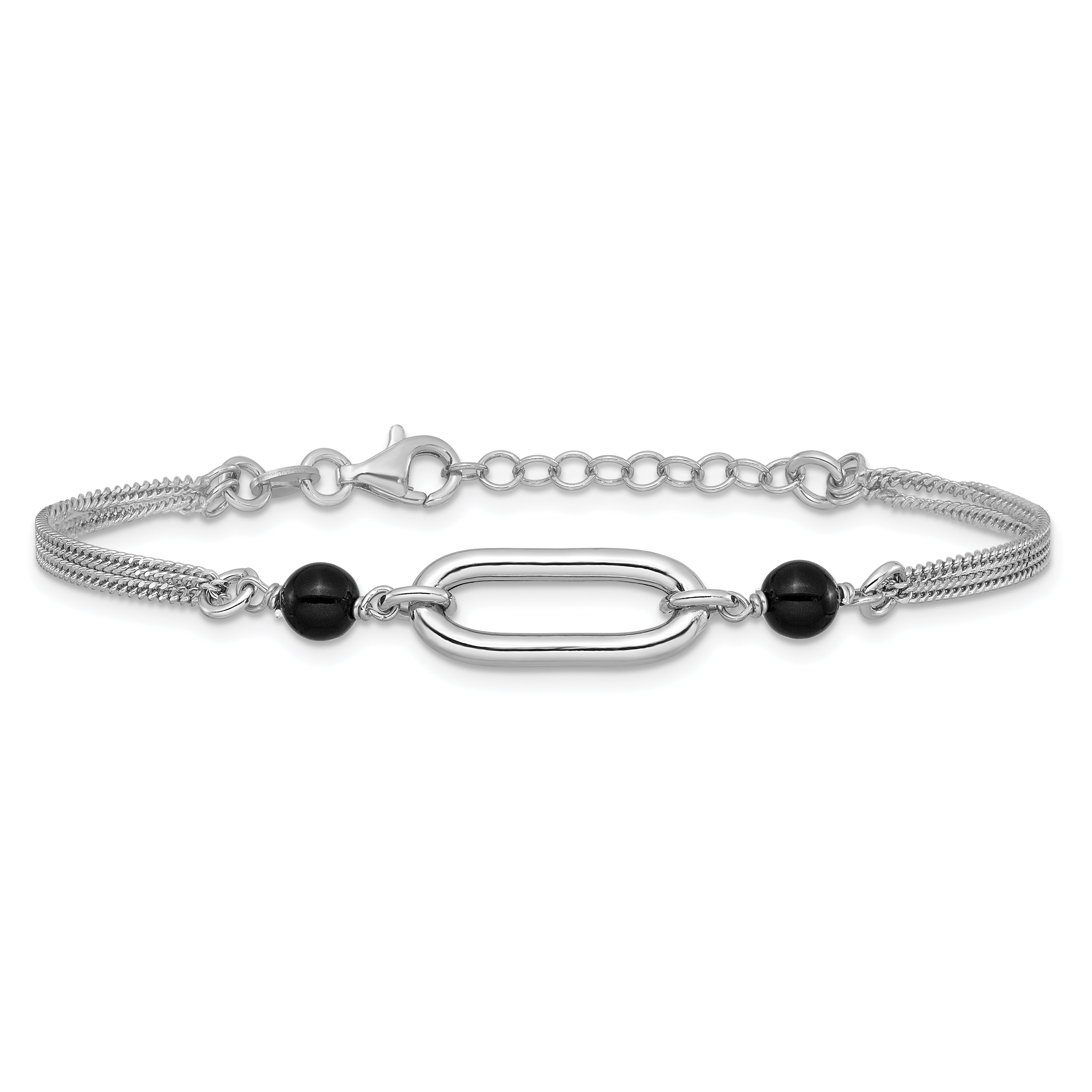 Sterling Silver Ss Rh Pltd Black Glass Pearl 2 Strand Link 1In Ext Bracelet