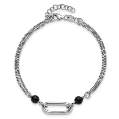 Sterling Silver Ss Rh Pltd Black Glass Pearl 2 Strand Link 1In Ext Bracelet