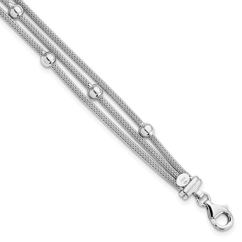 7.5 Inch Sterling Silver Polished W/2 In Ext. Beaded Mesh Bracelet