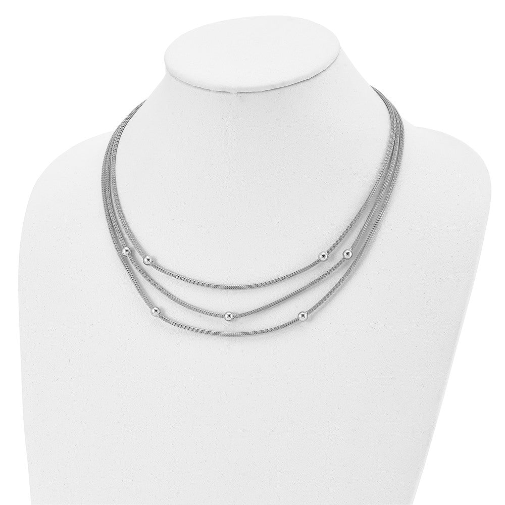 Sterling Silver Rh-Plated Polished Beaded Mesh Necklace
