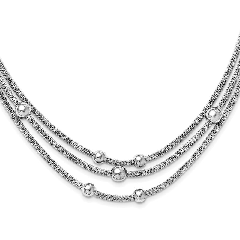 Sterling Silver Rh-Plated Polished Beaded Mesh Necklace