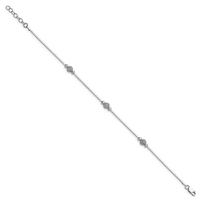 Sterling Silver Polished & Textured Beaded W/1In Ext. Anklet