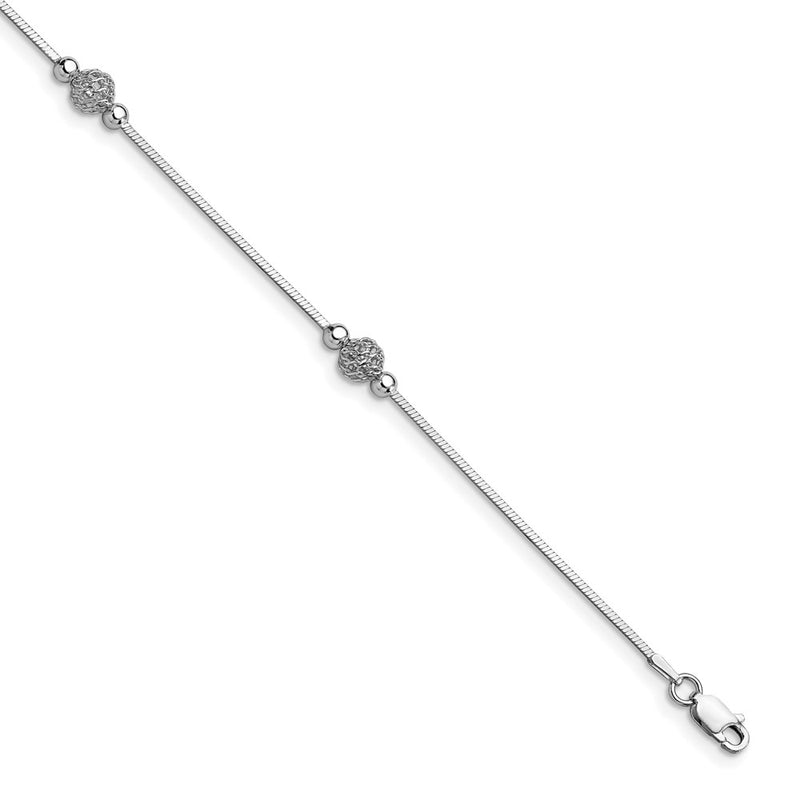 Sterling Silver Polished & Textured Beaded W/1In Ext. Anklet