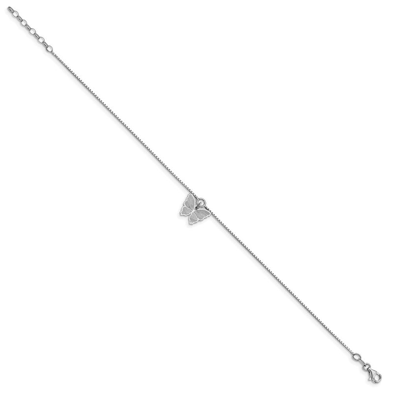 Sterling Silver Ss Polished & Textured Butterfly W/1In Ext. Anklet
