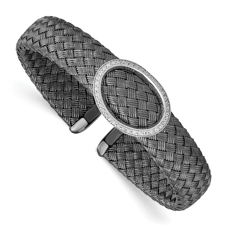 Sterling Silver Cz Black Woven Flexible Cuff