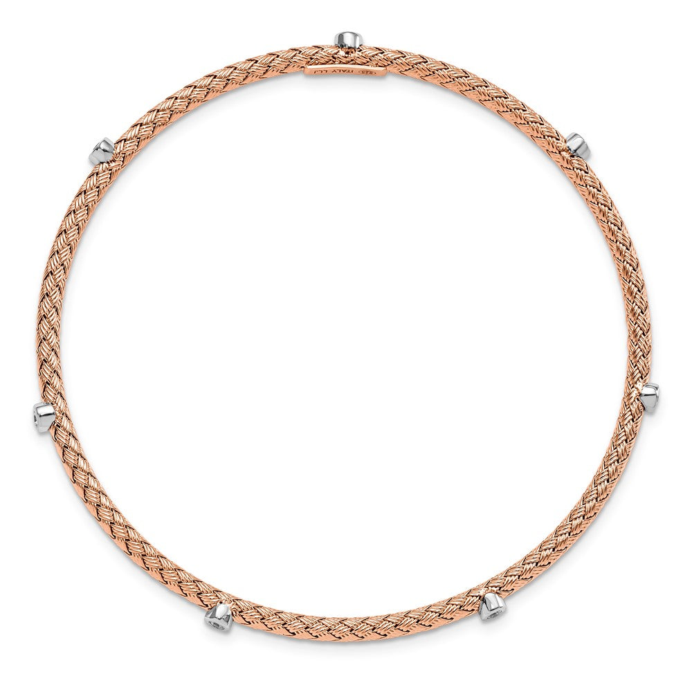 Ss/Gold Plated Sterling Silver Rose Gold-Plated Cz Polished Textured Bangle