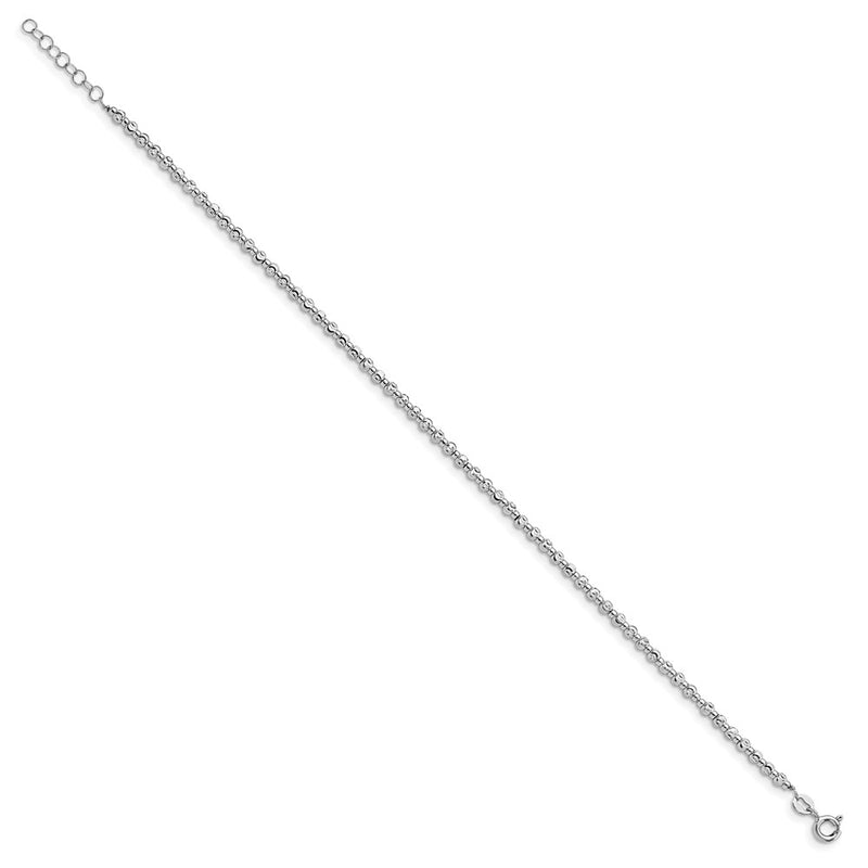 Sterling Silver Rhodium D/C Beaded W/1In Ext. Anklet