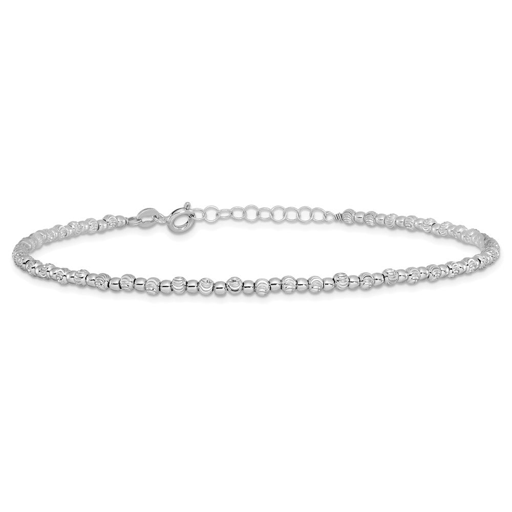 Sterling Silver Rhodium D/C Beaded W/ Ext. Chain Anklet