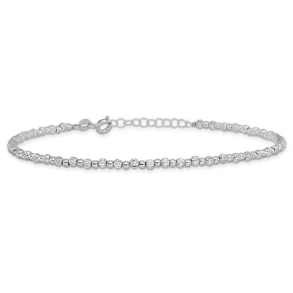 Sterling Silver Rhodium D/C Beaded W/ Ext. Chain Anklet