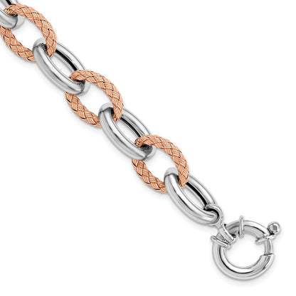 7.5 Inch Sterling Silver Rose-Tone Polished & Woven Link Bracelet