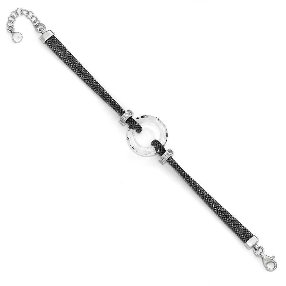 6.5 Inch Sterling Silver Blk-Plated Crystal Bracelet W/1In Ext.
