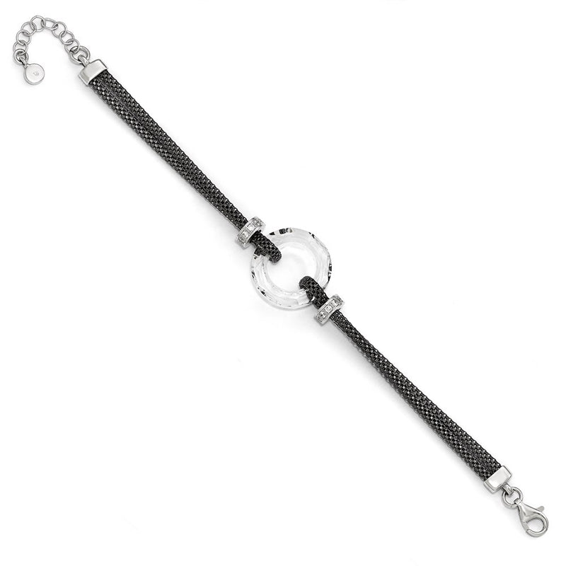 6.5 Inch Sterling Silver Blk-Plated Crystal Bracelet W/1In Ext.