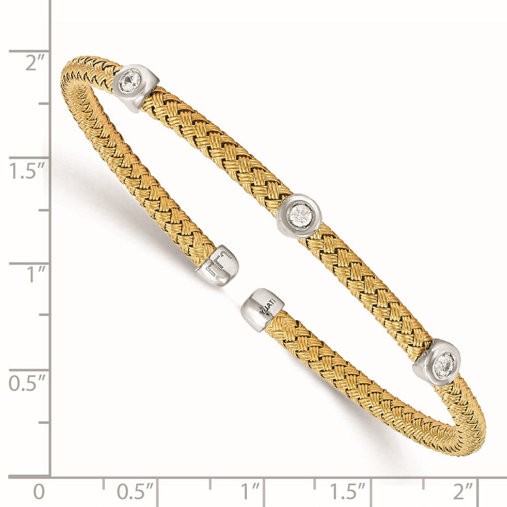 Sterling Silver Rhodium-Plated Gold-Plated Cz Woven Flexible Cuff