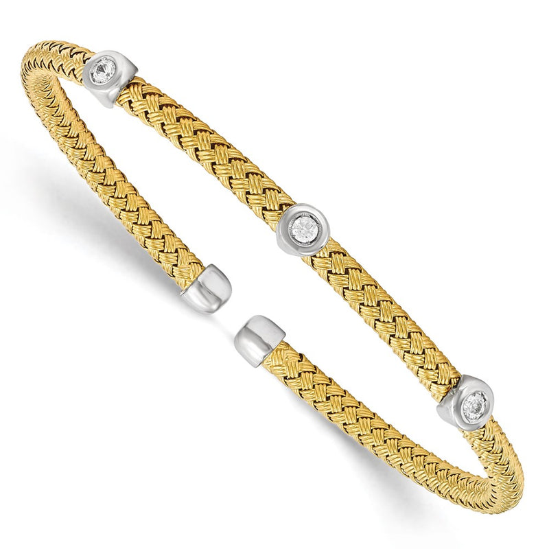 Sterling Silver Rhodium-Plated Gold-Plated Cz Woven Flexible Cuff