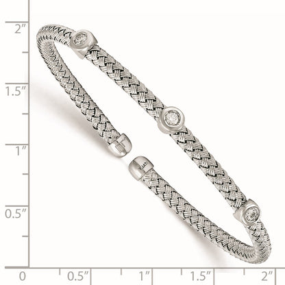Sterling Silver Rhodium-Plated Cz Woven Flexible Cuff