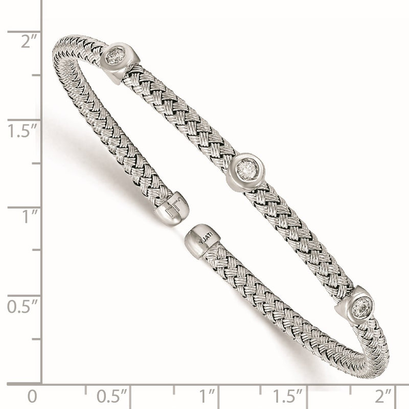 Sterling Silver Rhodium-Plated Cz Woven Flexible Cuff