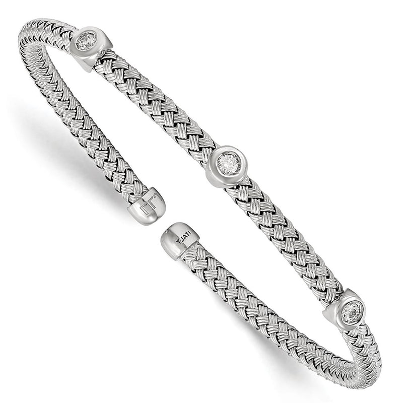 Sterling Silver Rhodium-Plated Cz Woven Flexible Cuff