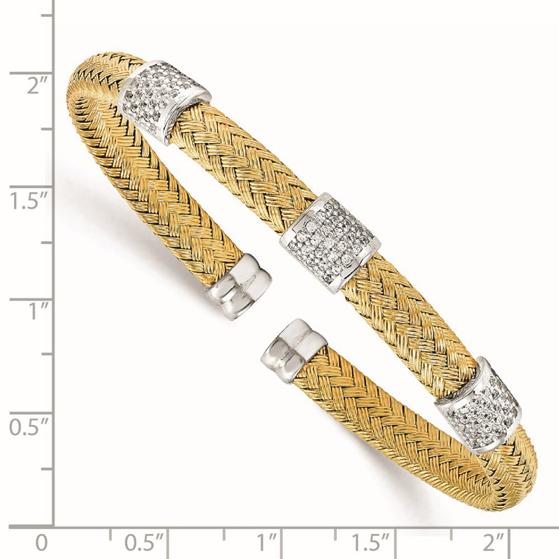 Sterling Silver Rhodium-Plated Gold-Plated Cz Woven Flexible Cuff